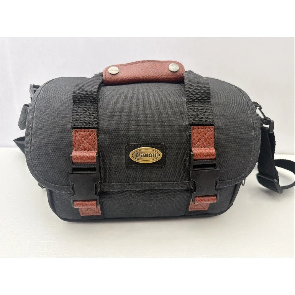 Vintage Canon Black Camera Bag Shoulder Strap Carry Case Leather Accents